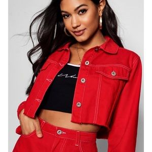 Red crop denim jacket